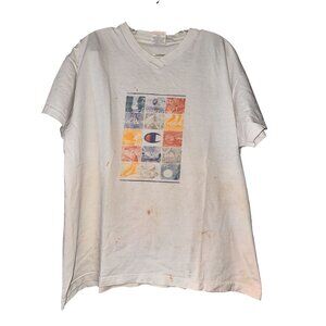 Vintage Champion L/XL White Graphic T-Shirt With Multicolor Logo Patch